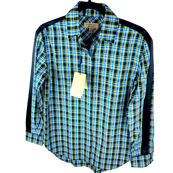 Burberry Saoirse Plaid Long Sleeve Silk Trim Button Shirt Azure Blue - Picture 5 of 16